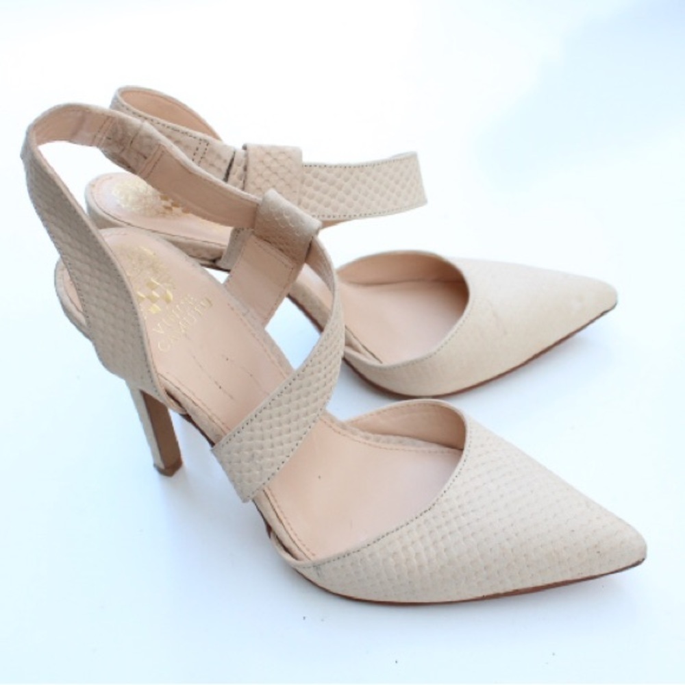 Vince Camuto Beige Textured Pointed-Toe Slingback Heels